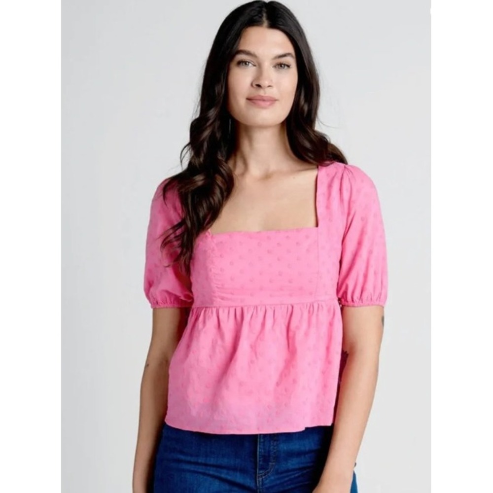 ModCloth Pink Swiss Dot Puff Sleeve Babydoll Top Size L Cottagecore